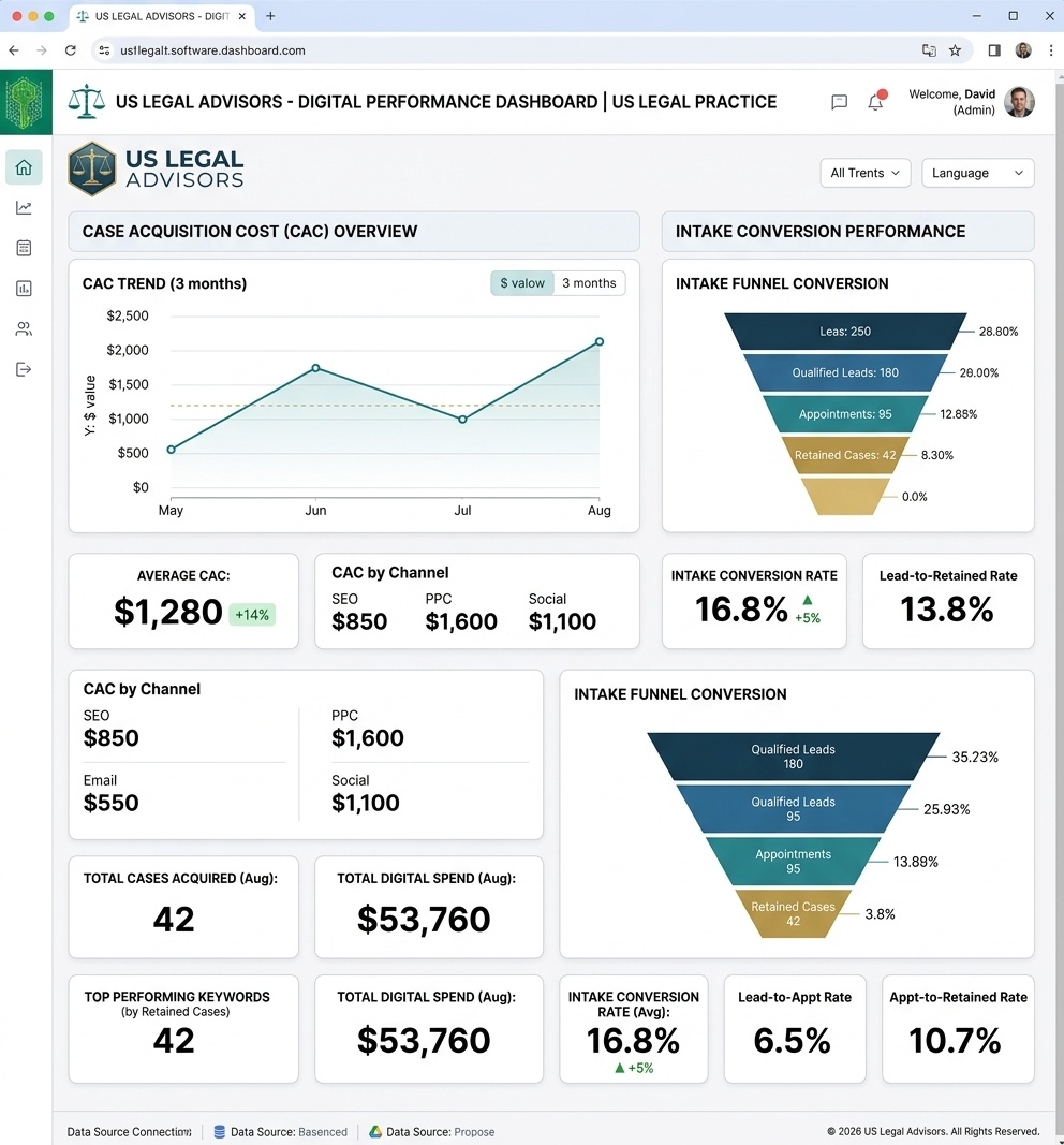 Law firm digital marketing dashboard showing case acquisition cost and intake conversion for a US legal practice