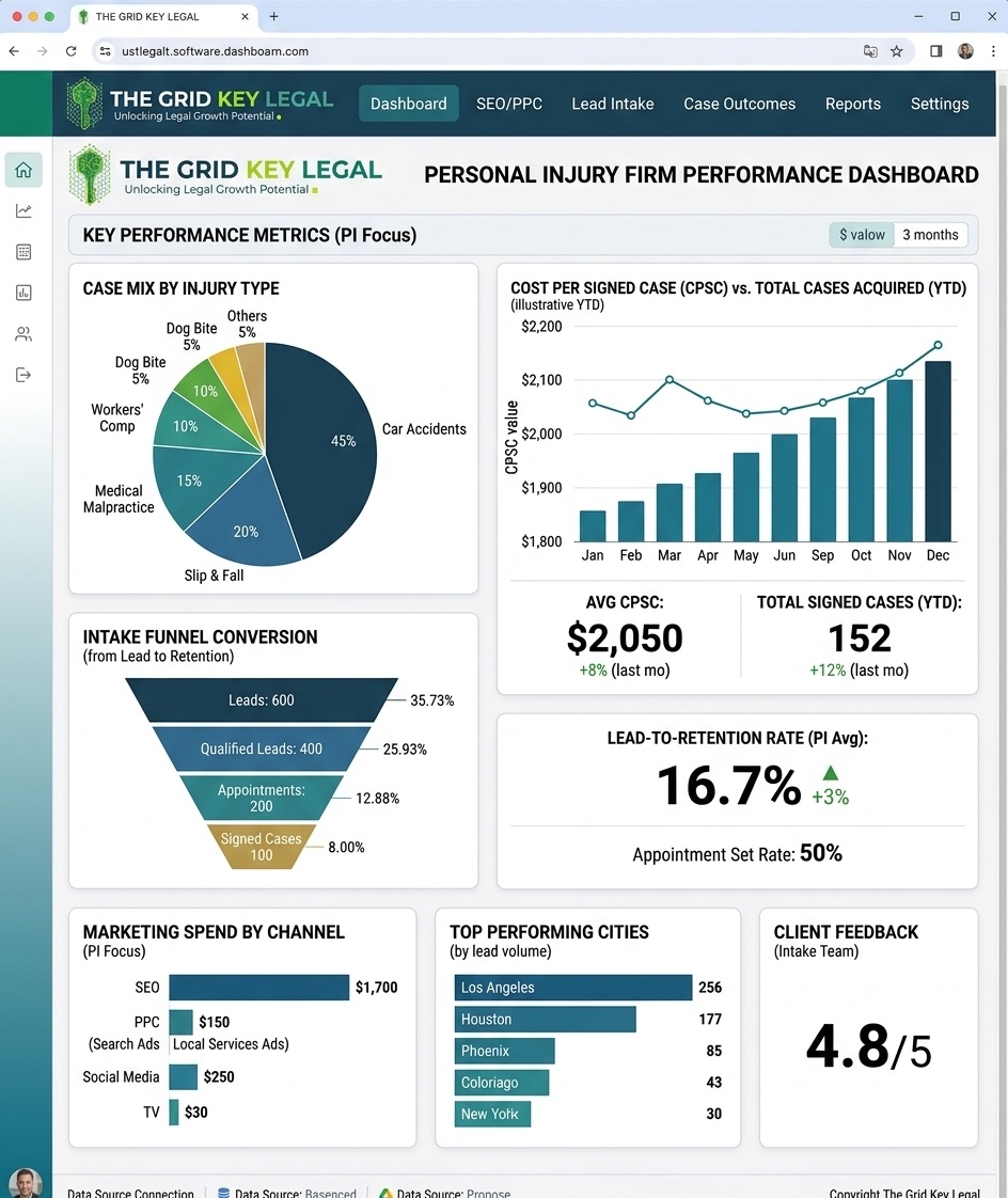 Personal injury law firm marketing dashboard showing cost per signed case and case mix by injury type