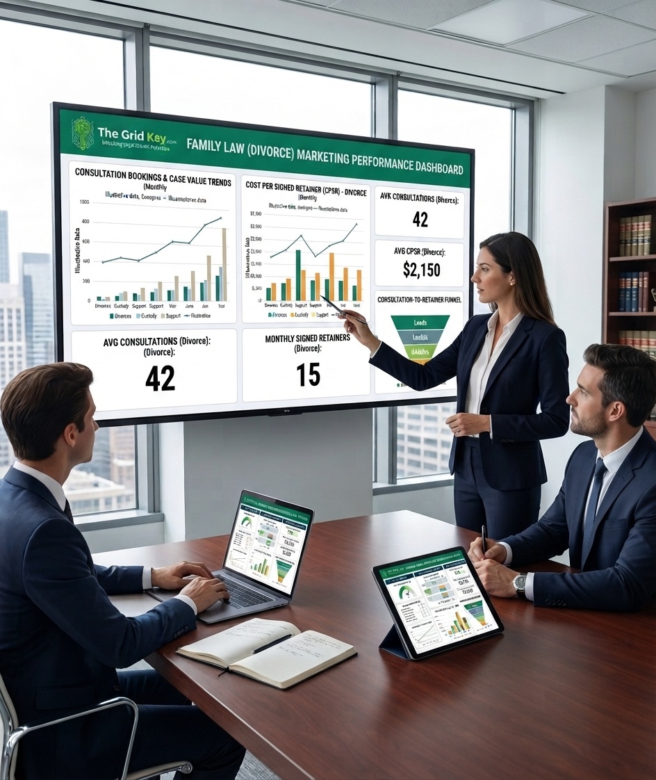 Divorce lawyer marketing dashboard showing consultation bookings and cost per signed retainer for a family law firm