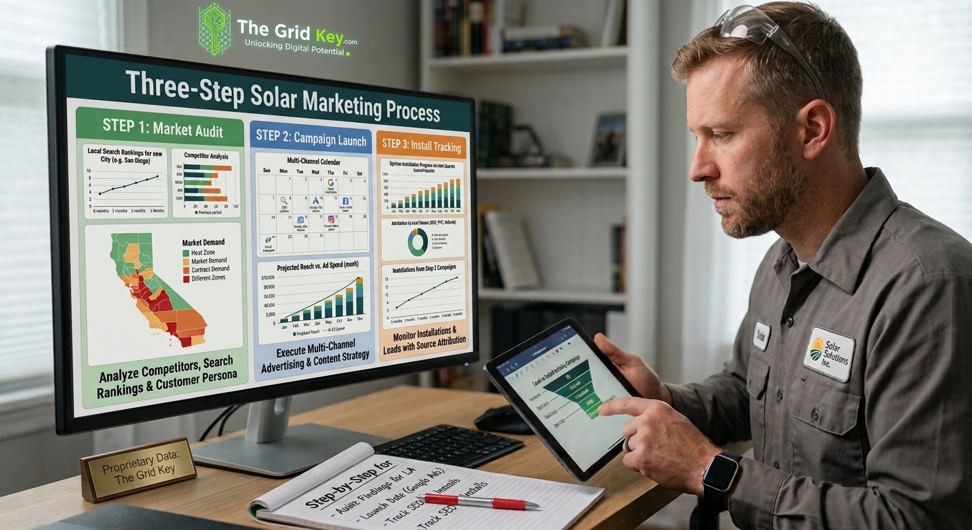 Three-step solar marketing process from market audit to campaign launch and install tracking