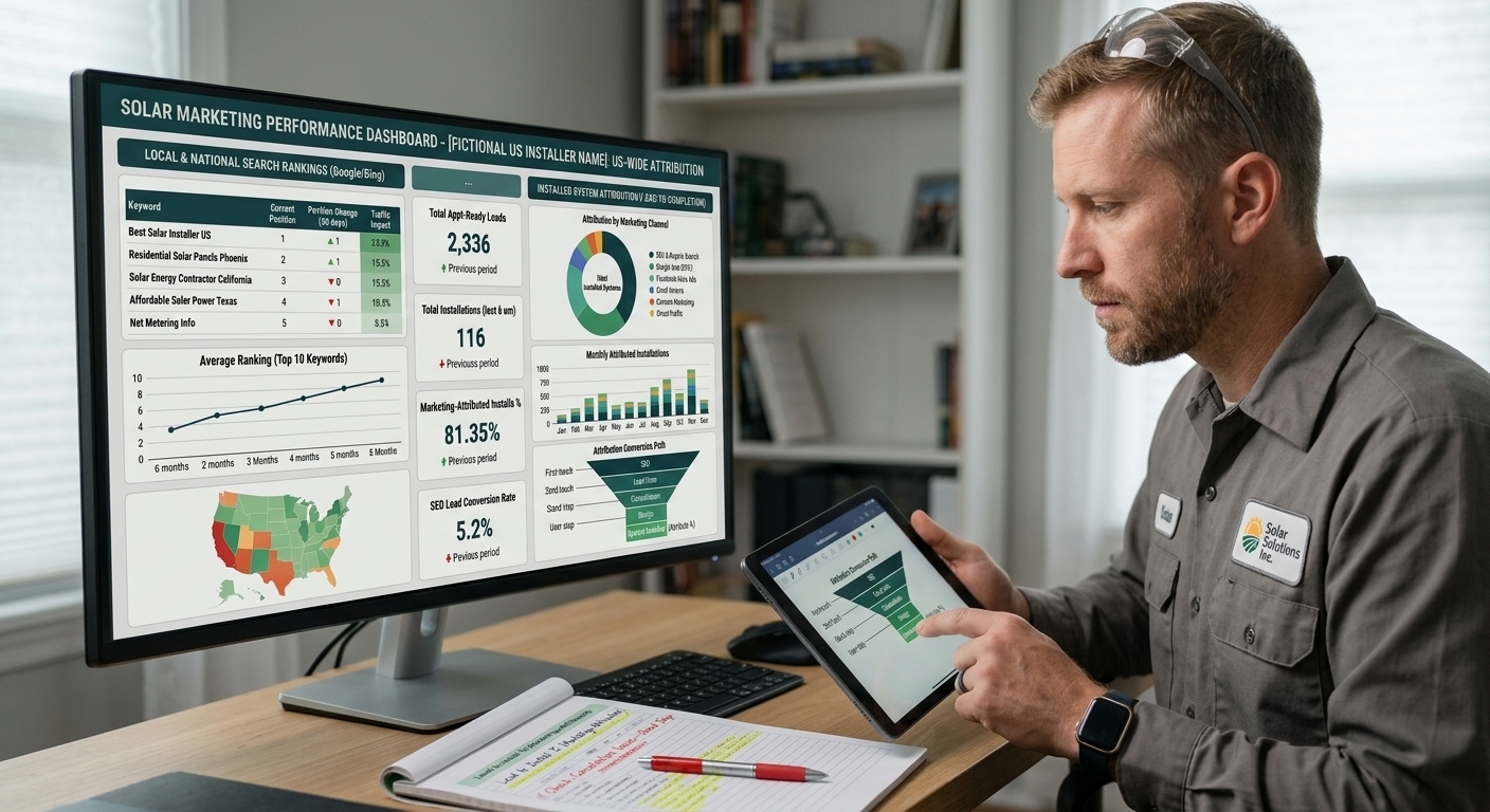 Solar installer reviewing lead-to-install conversion rates and cancellation losses