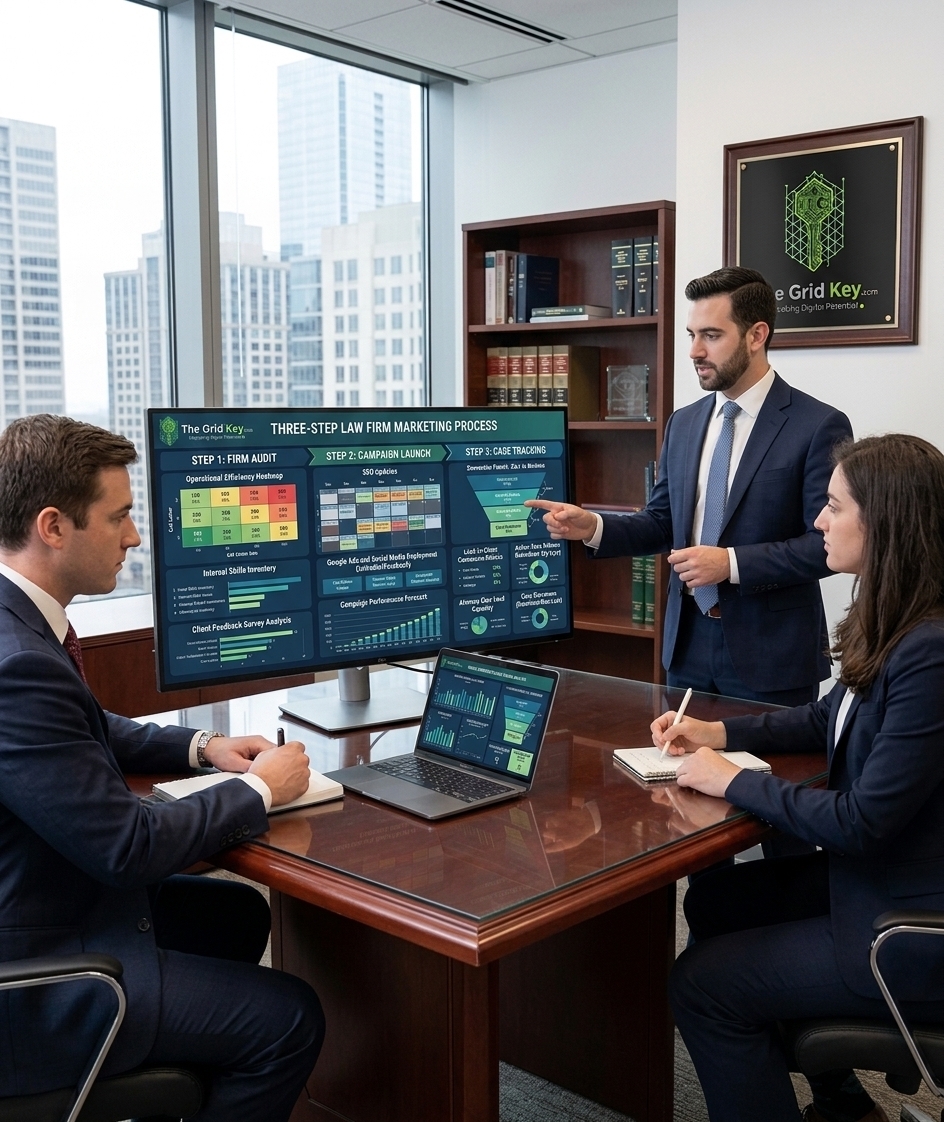 Three-step law firm marketing process from firm audit to campaign launch and case tracking
