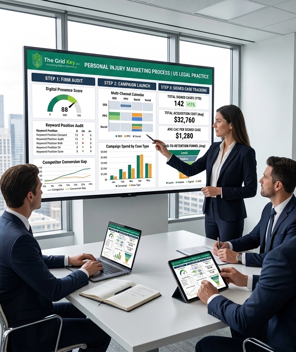 Three-step personal injury marketing process from firm audit to campaign launch and signed case tracking